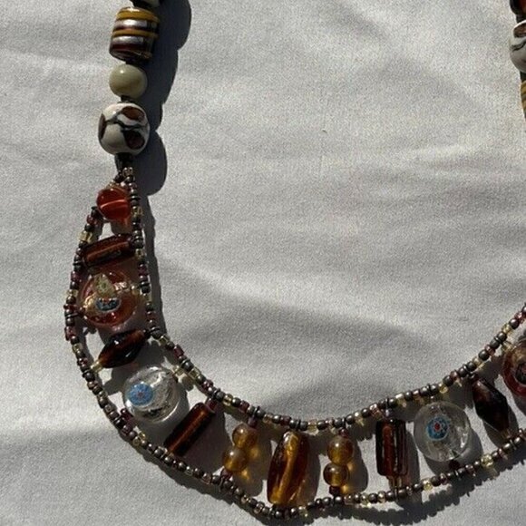 Vintage Amber & Glass Faceted Bead and Porcelain Flower Boho Necklace 21 inches - Picture 12 of 15